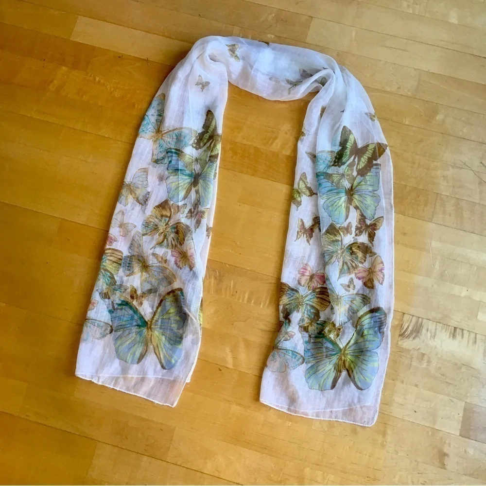 Butterfly Print Sheer, Lightweight Scarf, Ivory, Cream, Ecru, Colorful